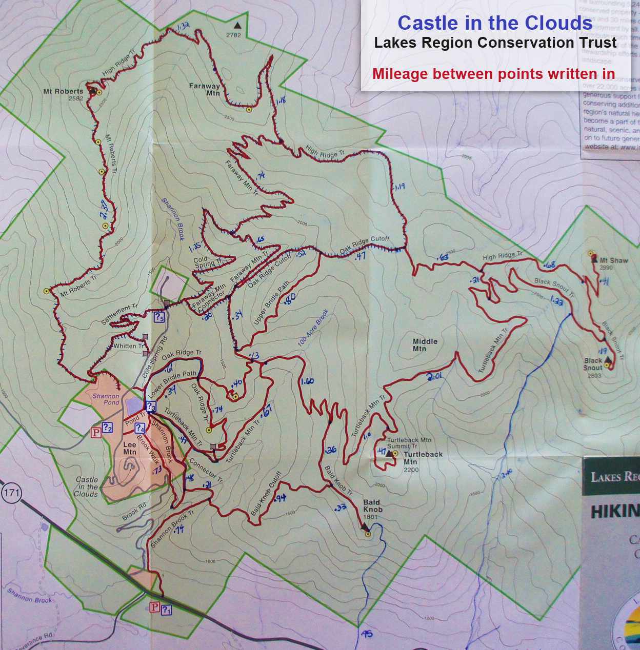map trail hiking hike castle in the clouds lakes region conservation trust mount shaw high ridge trail shaw trail faraway mountain mount roberts black snout big ball mountain tate mountain mount roberts trail bald knob cut off shannon brook trail turtleback mountain trail lee mountain shannon pond 171 moltonborough nh new hampshire 52 with a view 52 wav 52wav lrct patch upper bridle path oak ridge cutoff faraway mountain connector cold spring settlement trail whitten trail cold spring trail
